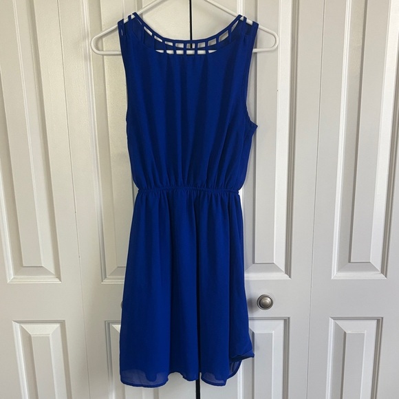 Monteau Royal Blue Sleeveless Dress with Unique Neckline and Sheer Skirt - Picture 1 of 4